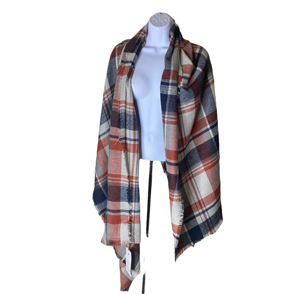 NWT Look by M Women's Cream Winter Blanket Scarf Shawl Raw Hem Plaid Oversized